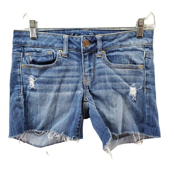 American Eagle Womens SZ 2 Cutoff Denim Jean Shorts Dark Wash Distressed Stretch - Picture 1 of 7